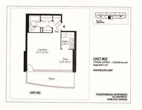 A floor plan for a Bachelor Unit with a living area, kitchen, and bathroom.